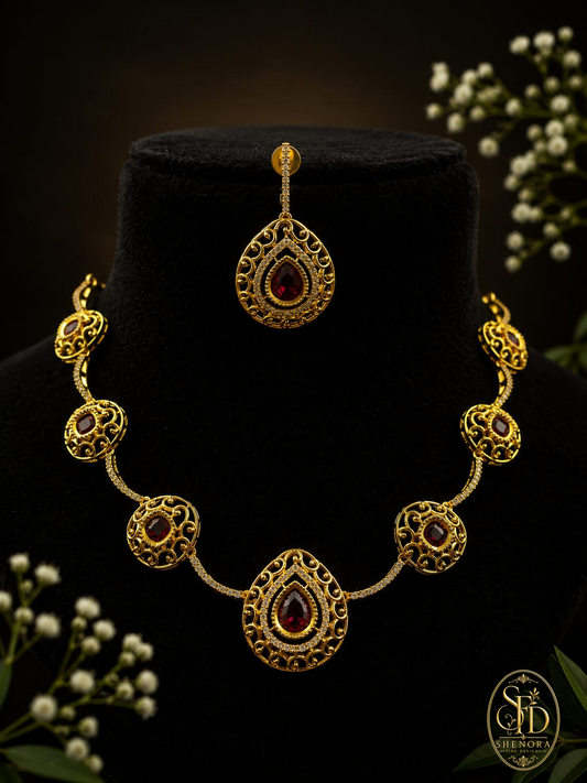 Gold Finish White & Ruby Stone-N0031