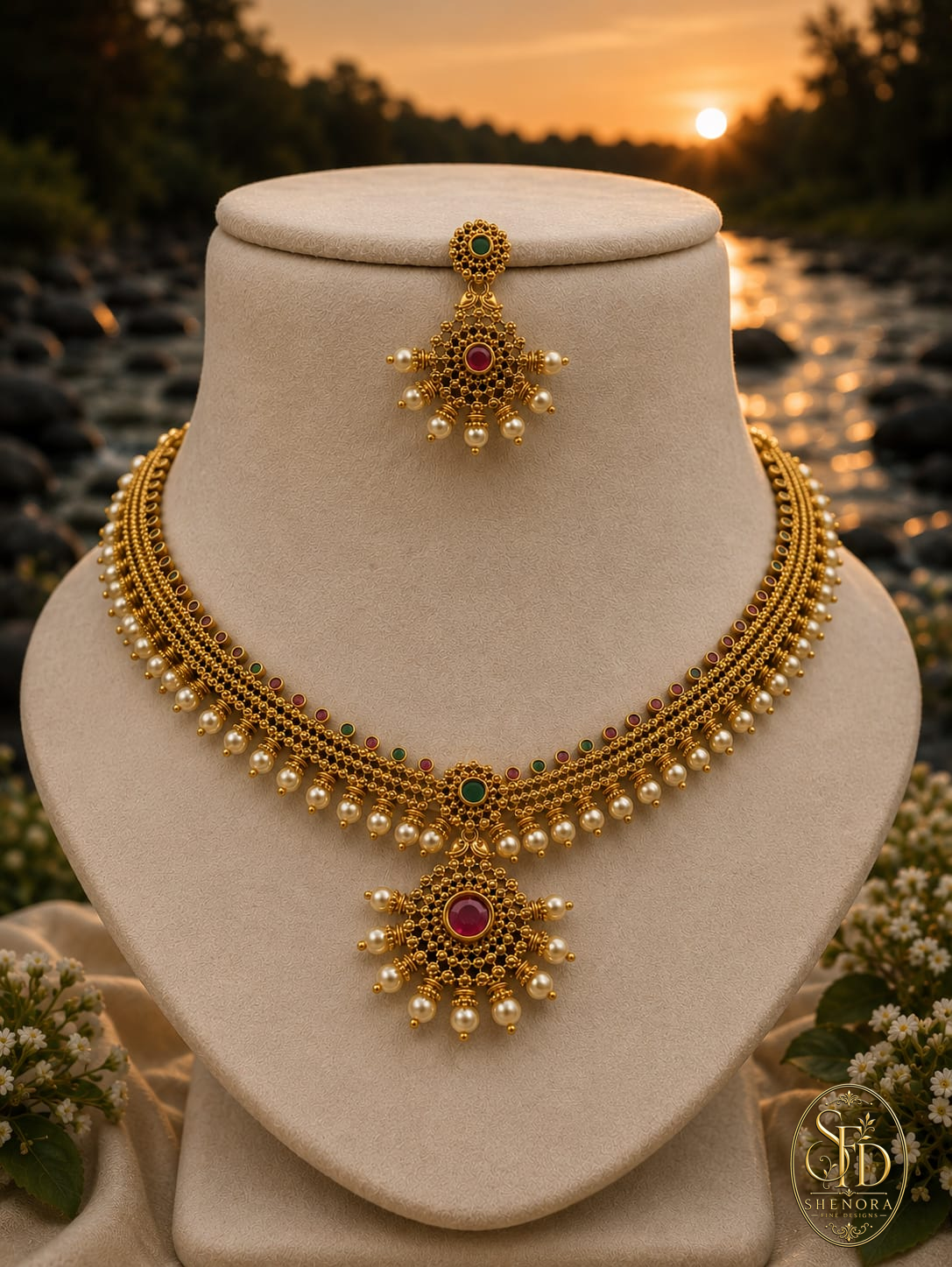 Gold Finish With White Pearls-N0025