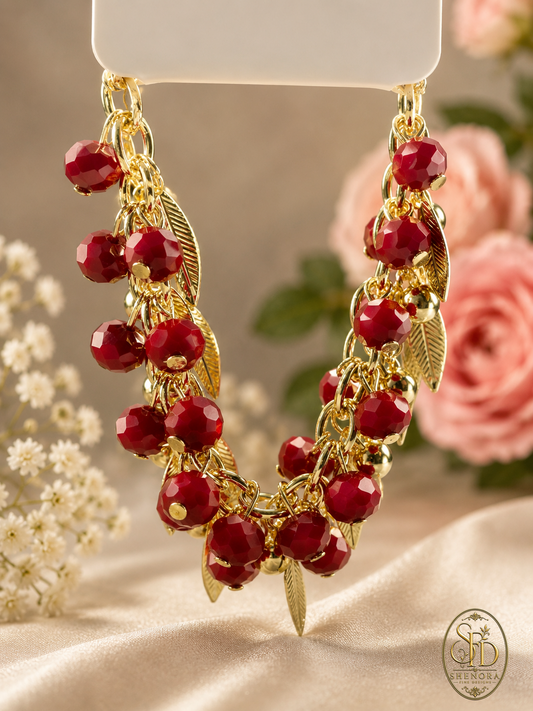 Dangling Leaf & Red Crystal Beads-B0001